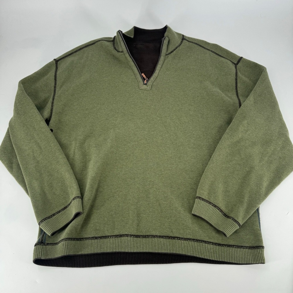 Tommy Bahama Mens Quarter Zip Pullover Sweater Green Brown Reversible Mock Large